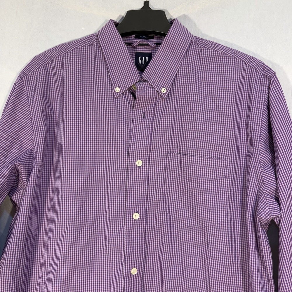 mens gingham button down shirt Purple Plaid Long Sleeve Men's L GAP